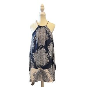 B. Smart Halter Dress Navy Blue White Paisley Chain Neck Size 2